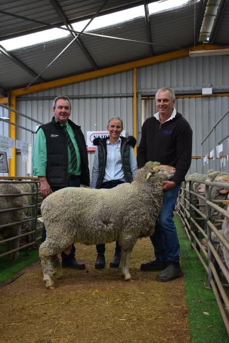 With the second ram from the Wattle Dale stud offering to make $4000 were Nutrien Livestock stud and commercial sheep manager Tom Bowen (left) and Wattle Dale stud principals Katherine and David Vandenberghe, Scaddan. The ram was purchased by Trevor and Marie Schutz, Banksia Park Farming, Esperance.