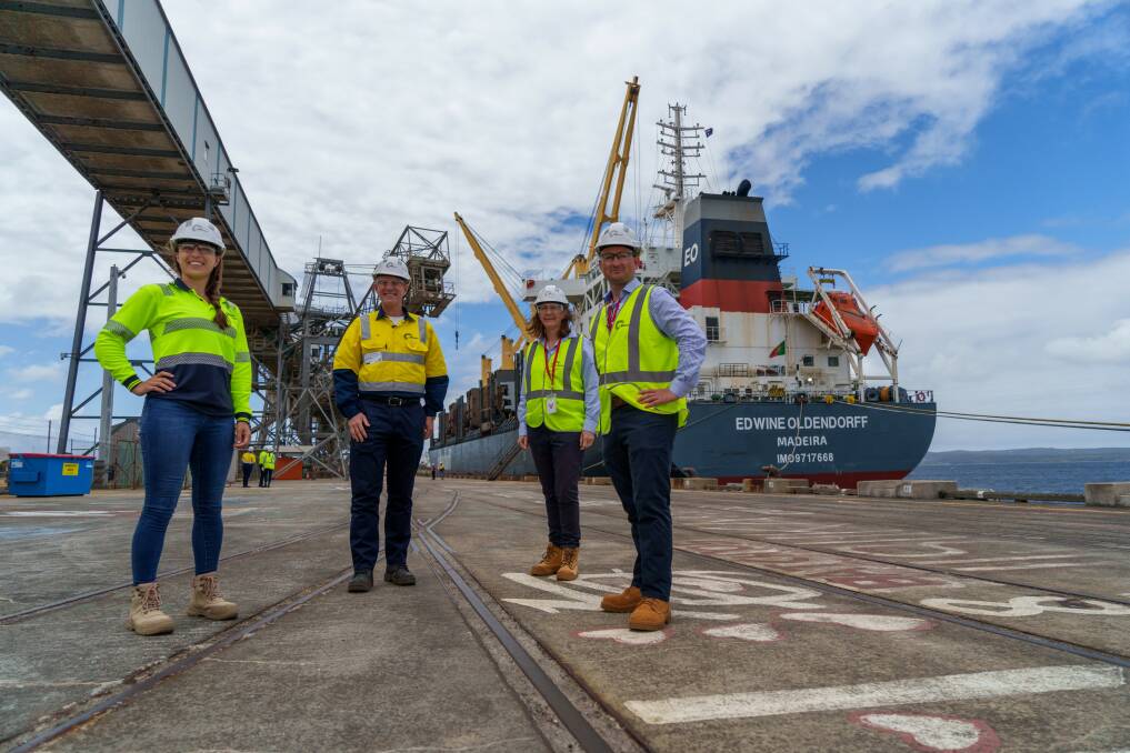 CBH head of chartering Pia Rosenkranz (left), chief marketing and trading officer Jason Craig, director Helen Woodhams and barley trading manager Drew Robertson at the loading of the Edwine Oldendorff on Friday.