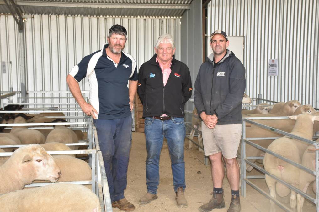 Justin Duff (left), Cheeryna stud, Williams, Elders Williams representative Graeme Alexander and top price White Suffolk ram buyer Mitchell Hogg, Williams, at last month's on-property ram sale where he paid the $1600 top.