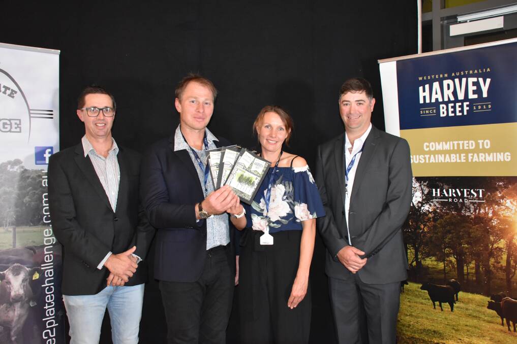 Josh and Tracey Rayson (centre), Manjimup, collected the overall fifth place award for Ms Rayson's uncle and aunt Murray and Jenny Fouracres, Hazelmere Limousin stud, Manjimup, who were unable to attend. With the Raysons were Harvey Beef senior livestock buyer Campbell Nettleton (left) and Harvey Beef Gate 2 Plate Challenge president Jarrod Carroll.