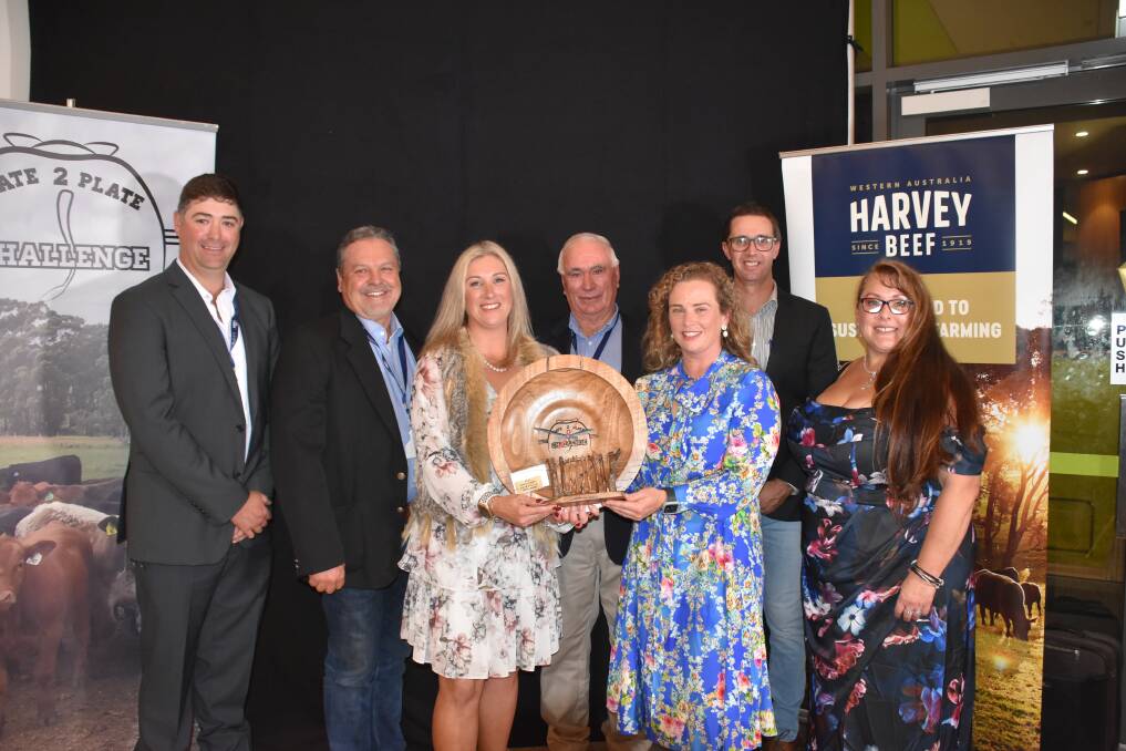 The Pugh family's Summit Gelbvieh stud, Narrikup, was announced this year's overall winner of the Harvey Beef Gate 2 Plate Challenge, with a team of purebred Gelbviehs. Celebrating the stud's win at the competition's award dinner last week in Albany were Harvey Beef Gate 2 Plate Challenge president Jarrod Carroll (left), Summit Gelbvieh farm manager Fanie Gordon, Summit Gelbvieh stud principals Clare King, John Pugh and Alexandra Riggall, Harvey Beef senior livestock buyer Campbell Nettleton and Harvey Beef Gate 2 Plate committee member and the dinner's master of ceremonies Erika Henderson.