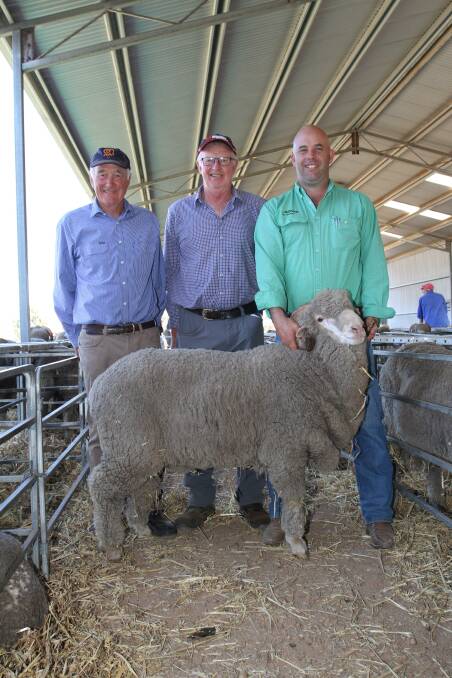 Dongiemon and Tilba Tilba studs co-principal Stuart Rintoul (left), buyer Michael Burges, Commodine Farms, Cuballing and Nutrien Livestock, Williams agent Ben Kealy with the $2600 top-priced Dongiemon ram at the Rintoul family's annual on-property ram sale at Williams earlier this monh.