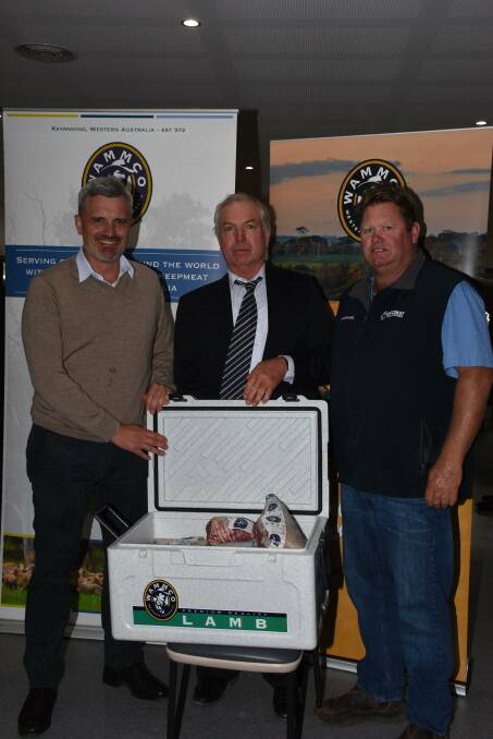 Looking through the esky of meat the Lynch family, Limeric Enterprises, Hyden, took home for placing third in the medium crossbred supplier section were WAMMCO marketing manager Damien Giumelli (left), Tom Lynch and Westcoast Wool & Livestock Hyden agent Lincon Gangell.