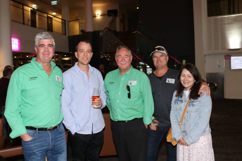 Nutrien Ag Solutions commercial manager Fremantle, Craig Terrill (left), chatted with West Coast Poly's Chad Southcott, Nutrien Ag Solutions regional key account manager Steve Wright and Kulin farmers Simon and Janine Noble.