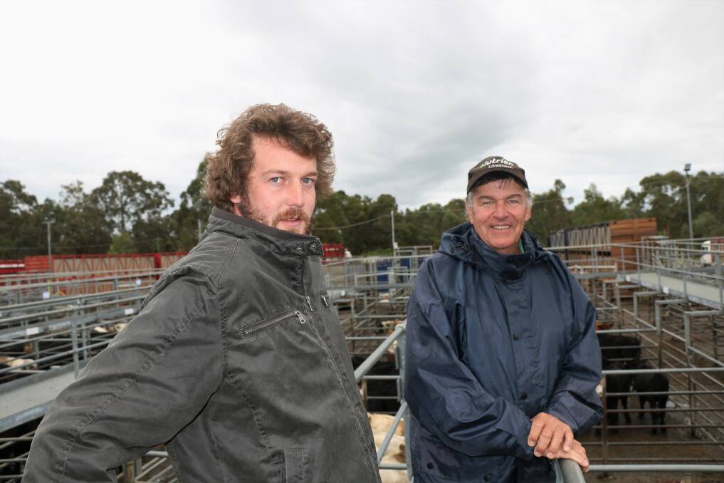 Ben Mitchell (left), with Nutrien Livestock, Brunswick/Harvey agent Errol Gardiner, on the rail before the wet Nutrien Livestock day two, June Special Store Cattle Sale at Boyanup last Friday.