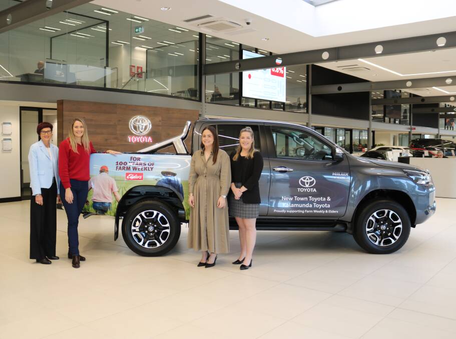 With the branded centenary giveaway competition Toyota HiLux ute being offered in partnership by Elders, New Town Toyota/Kalamunda Toyota and Farm Weekly as part of Farm Weeklys 100 year celebrations were Farm Weekly business development and sales manager Wendy Gould (left), Elders State marketing business partner WA, Tatum Patteson and New Town Toyota/Kalamunda Toyotas Bianca Zito and marketing co-ordinator Tahnee Pitman.