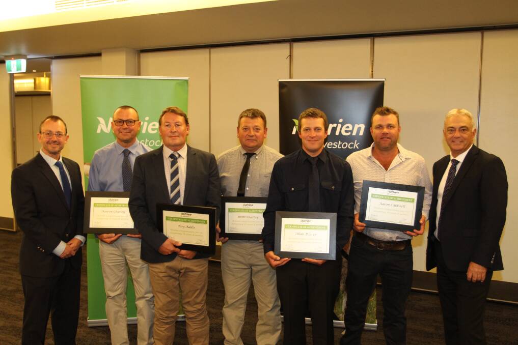 Mr Duperouzel (left) and Mr Giglia (right) congratulated staff and agents Darren Chatley (second left), Esperance, Roy Addis, Nutrien Livestock Breeding, Brett Chatley, Manjimup, Allan Pearce, Mt Barker and Aaron Caldwell, Merredin, on 10 years of service to the company.