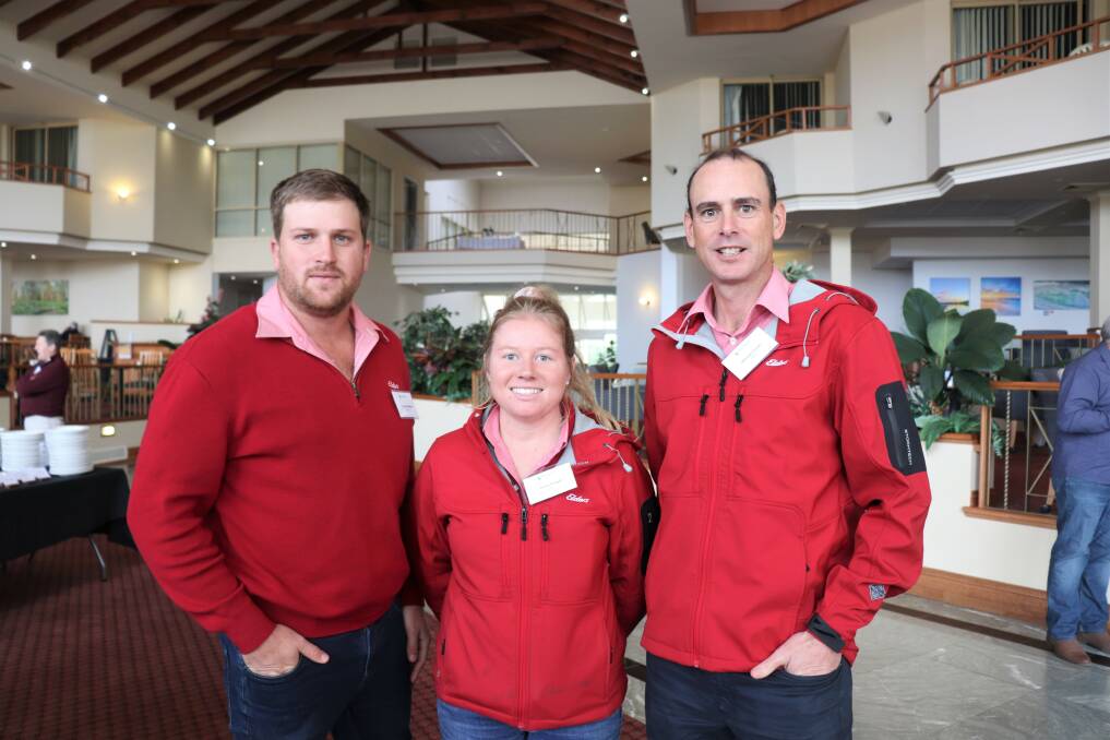 Elders livestock representatives at the dairy conference included Busselton agent Jacques Martinson (left), trainee Emma Dougall and South West livestock manager Michael Carroll.