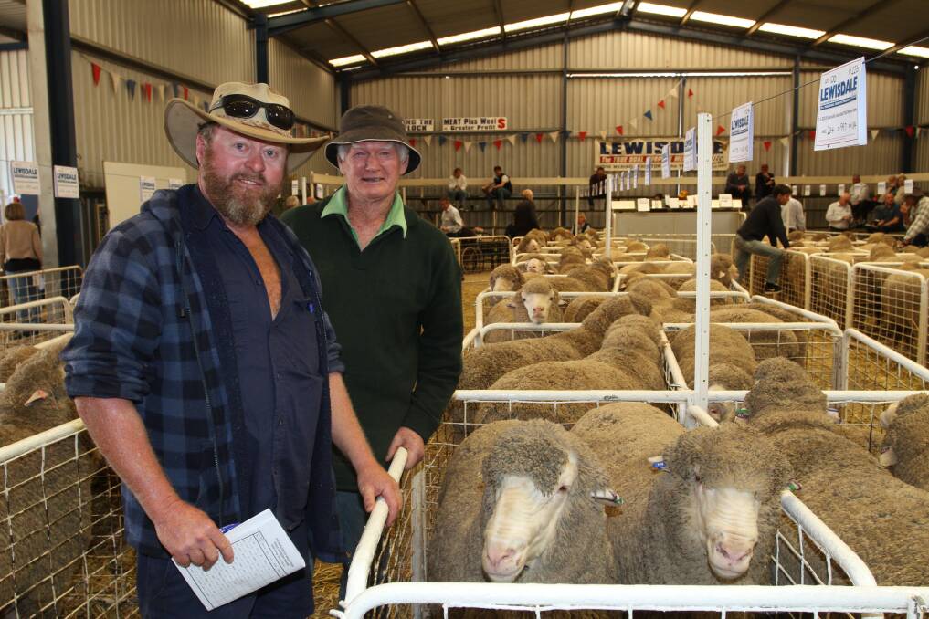 Long-time buyer Fenton Dean (left), Sancta Monica Farms, Tardun, pictured with Bill Warren, Highbury, inspecting the Lewisdale rams. Mr Dean purchased 16 rams at this year's sale.