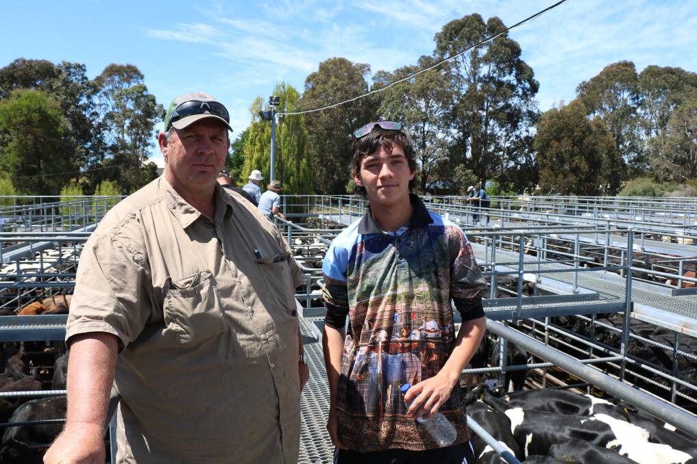 Robert Mostert (left) and Luke Jolley, Keysbrook were looking to buy at the sale. Mr Mostert secured a couple of pens, paying $1500 for one pen of beef cross youngsters.