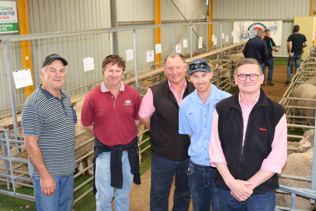Buyers at the Kolindale stud's Esperance ram sale on Monday included Joe Della Vedova (left), Condingup and Troy Burnside, Salmon Gums, with Russell McKay, Elders stud stock, fellow buyer Matthew Lea, Grass Patch and Rob Johnstone, Elders Real Estate, Esperance.