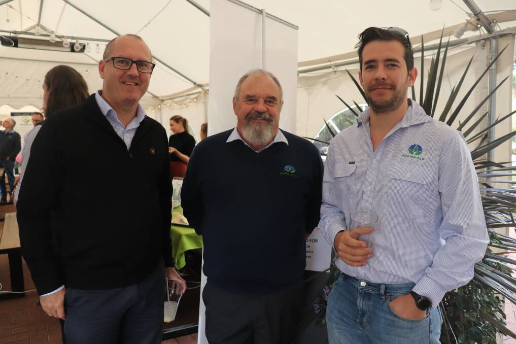 Bankwest senior relationship manager Mike Stace (left), with Farmanco agronomists Peter Borstel and Blake O'Meagher.