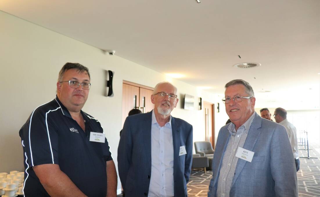 Retired Farm Weekly machinery writer Ken Wilson (right), could not pass up a Farm Machinery and Industry Association of WA lunch and a chat with old friends. Here he catches up with Michael Bailey (left), Primary Sales Australia, Midvale and Ken Brown, Wattleup Tractors, Kewdale.