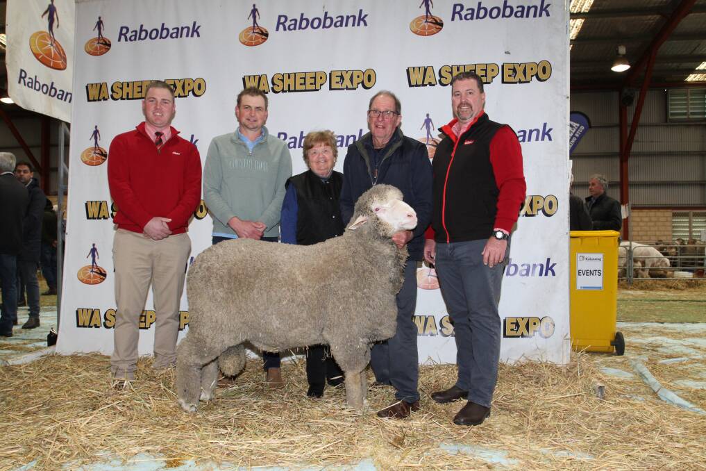 The Bolt familys Claypans stud, Corrigin, sold the second top-priced Merino/Poll Merino ram and the top-priced ram at a multi-vendor ram sale when it sold this two-tooth Poll Merino ram for $31,000 at the Rabobank WA Sheep Expo & Ram Sale at Katanning in August to the Moorundie Park stud, Gulnare, South Australia. With the ram were Alistair Keller (left), Elders stud stock South Australia, buyer Tom Davidson, Moorundie Park stud, Claypans stud co-principals Lynette and Philip Bolt and Nathan King, Elders stud stock.