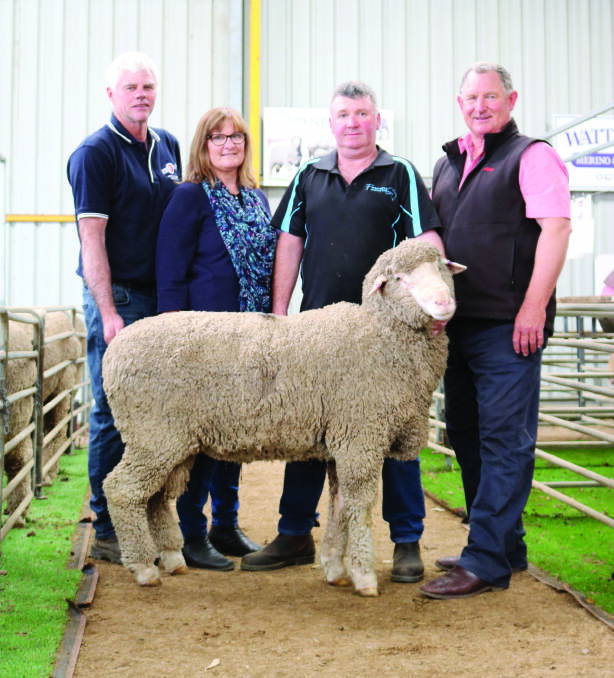 With the $3000 top-priced Poll Merino ram were Kolindale co-principal Matthew Ledwith (left), Dudinin, buyers Alanna and Rocket (Graham) Harris, Grass Patch and Russell McKay, Elders stud stock.