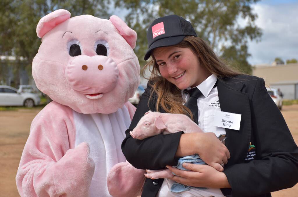 Western Australian College of Agriculture (WACOA), Cunderdin, year 12 students Nicole Norwood (left), dressed in the pig suit and Bronte King at the college's open day earlier this month.
