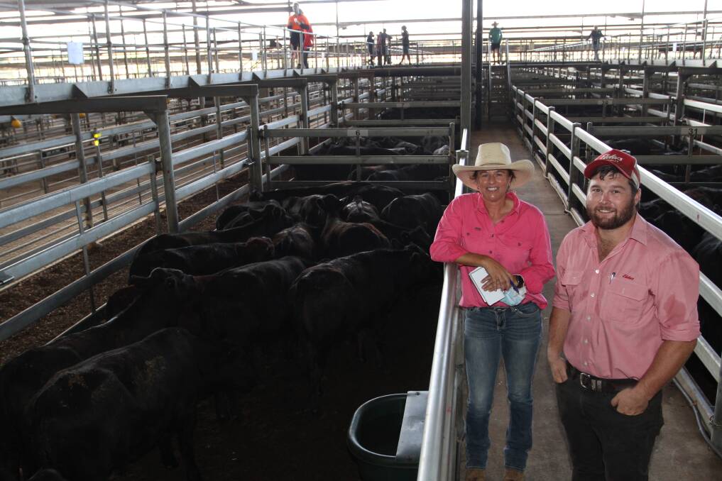 Vendor Sally O'Brien, Gabyon Pastoral, Irwin, with Brendan Millar, Elders Geraldton, sold Angus, Charolais and Shorthorn cross steers to $2254 and 636c/kg at the sale.