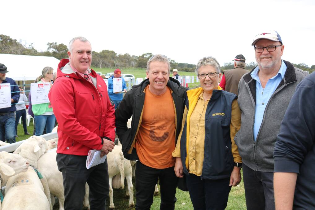 Elders State general manager Nick Fazekas (left) with Alex and Marni Jones, Gairdner, who started into SheepMasters three years ago.