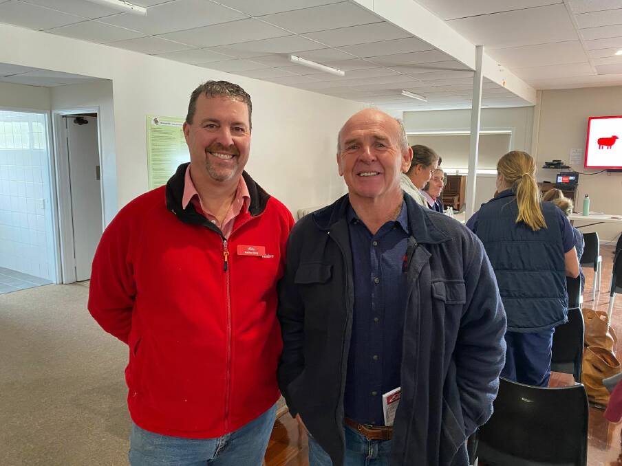 Elders stud stock representative Nathan King (left), caught up with Brian Prater at the Wellstead event.