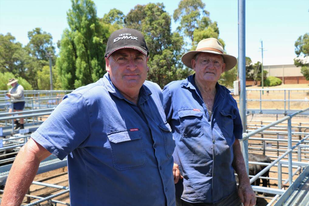 Murray Bell (left), Capel and Ian Sharpe, Capel River, were on the rails at the Nutrien Livestock Boyanup store cattle sale.