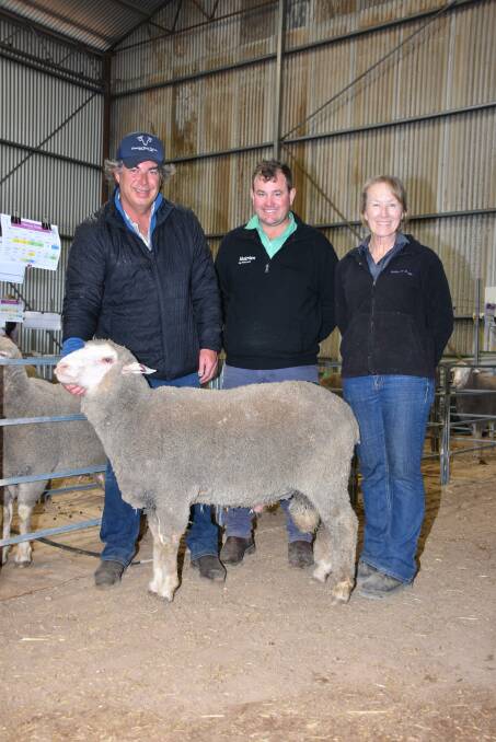With the $21,000 second top-priced ram at last week's Anderson Rams on-property Poll Merino ram sale purchased by the Phillips family, Yarrawonga stud, Cunningar, NSW, were Yarrawonga stud advisor Damian Meaburn (left), Nutrien Livestock Breeding representative Mitchell Crosby and Anderson Rams principal Lynley Anderson.