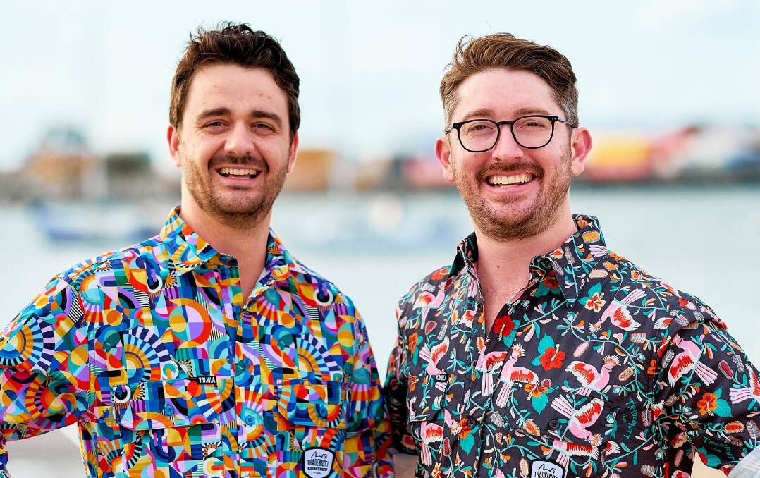 TradeMutt co-founders Ed Ross (left) and Dan Allen wearing some of the brightly-coloured shirts.
