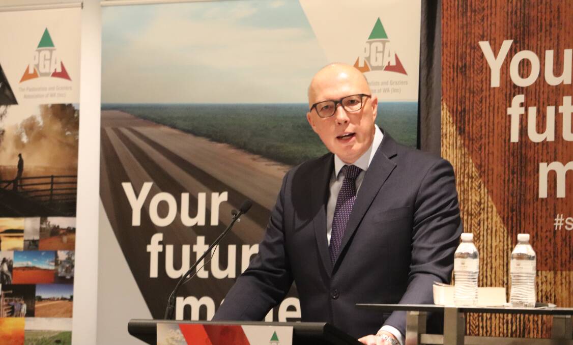 Federal opposition and Liberal Party leader Peter Dutton giving the keynote address at the Pastoralists and Graziers Association annual convention last week.