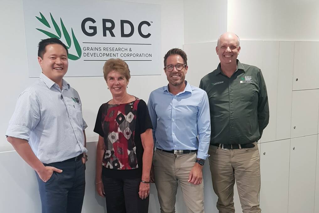 Representatives of the strategic partners for the Analytics for the Australian Grains Industry initiative, GRDC manager enabling technologies John Rivers (left), The University of Queensland emeritus professor and professor of biometry Kaye Basford, University of Adelaide Biometry Hub Julian Taylor and Curtin University professor and Centre for Crop and Disease Management director Mark Gibberd.Photo by GRDC.