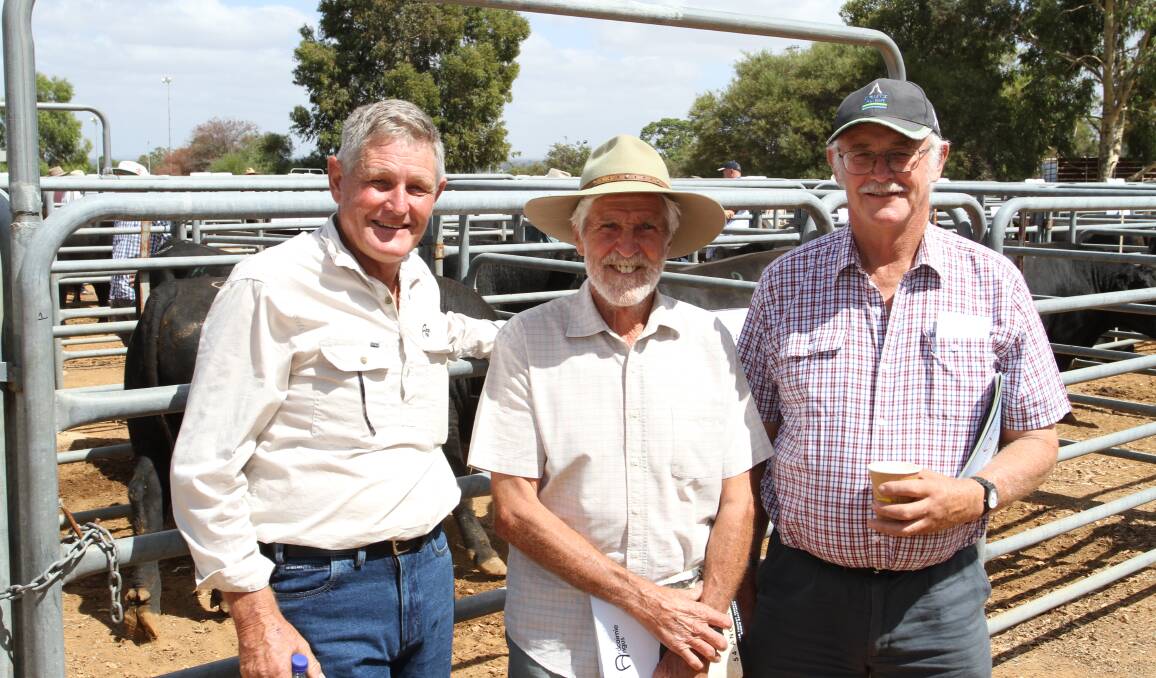 Ardcairnie stud co-principal Frank Dewar (left), Guilderton,former Ardcairnie stud owner Jim McGregor, Harvey and buyer John Howard, Howard Farms, Mt Barker, who purchased two bulls at the sale.