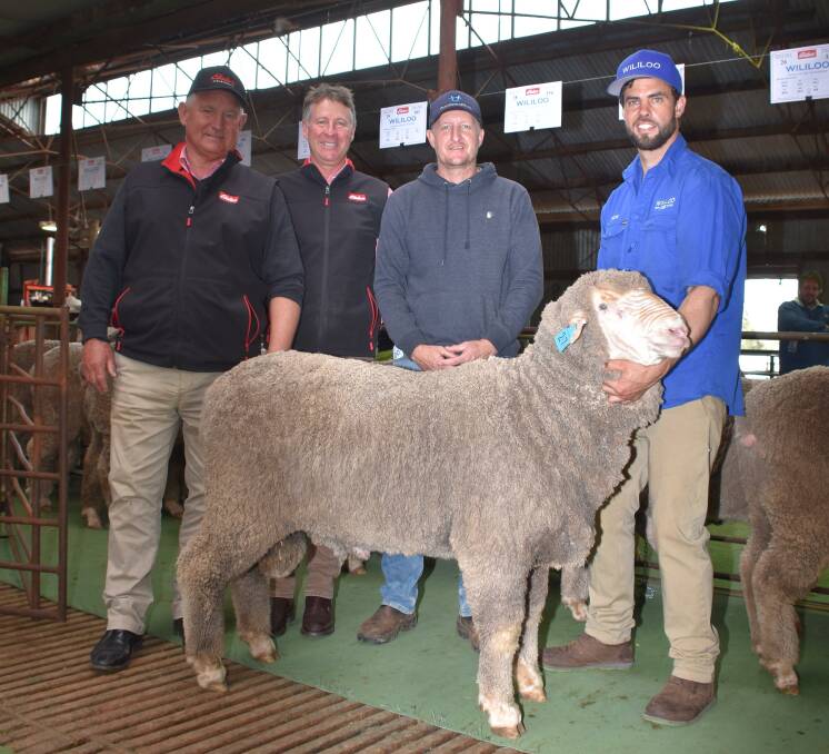 With the $2900 top-priced ram at last weeks inaugural Wililoo Merino and Poll Merino ram sale at Woodanilling were Elders stud stock representative Russell McKay (left) and Jeff Brown, buyer Wes Lavender, Lavender Farm Co, Williams and Wililoo co-principal Rick Wise.