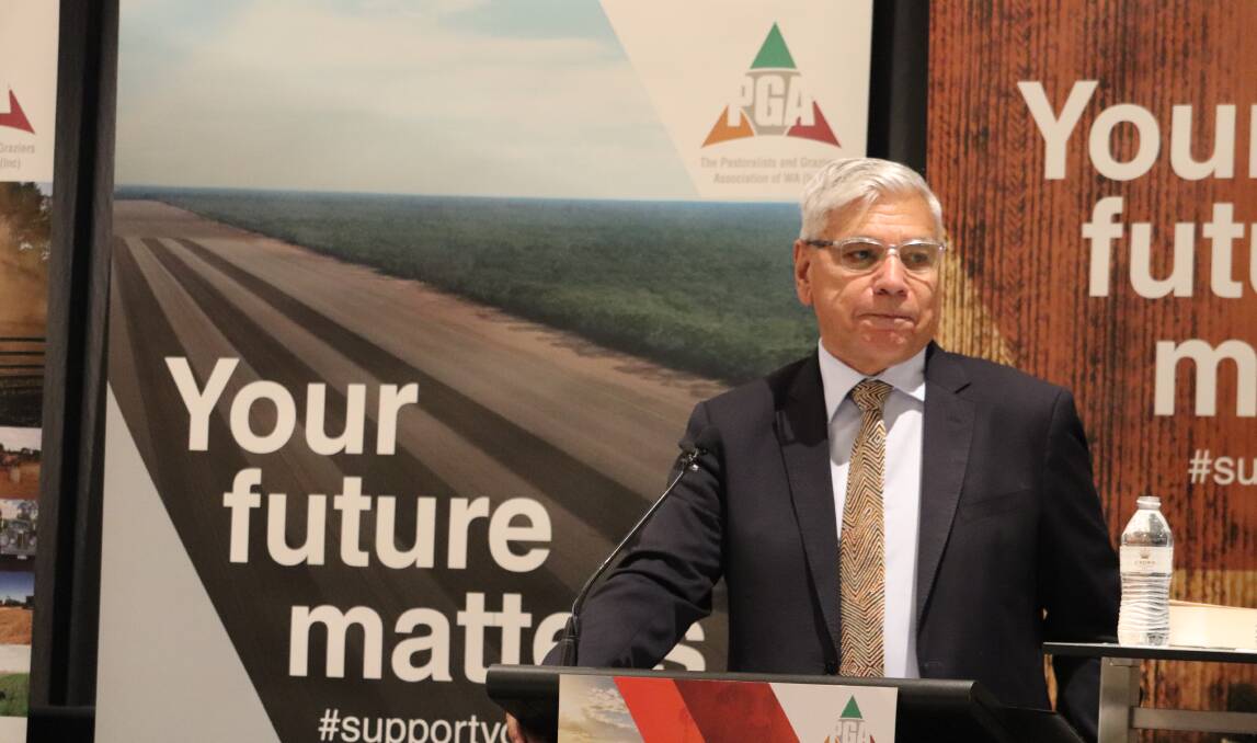 Former politician and First Nations people advocate Nyunggai Warren Mundine speaking at the Pastoralists and Graziers Association of WA convention at Crown Perth last Thursday.