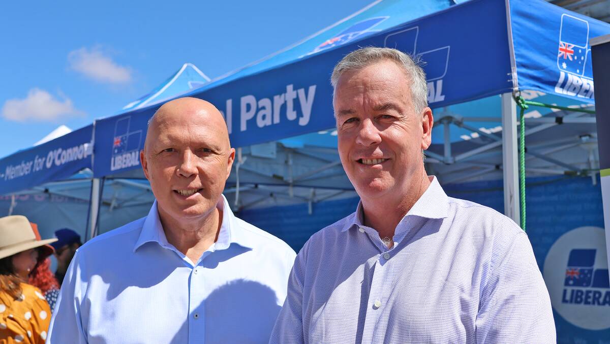 Federal Liberal Party leader Peter Dutton (left) with Liberals WA member for the Agricultural Region Steve Martin supporting the live sheep trade at the recent Wagin Woolorama.