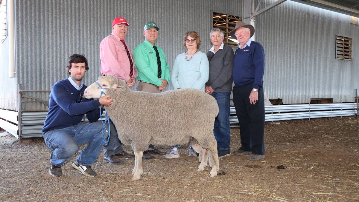 Hill Padua studmaster, Fred Echaniz (left) holds the $5000 second top-priced ram, with Elders Muchea livestock manager Graeme Curry, Nutrien Ag Solutions Mid West agent Craig Walker, buyers Kimble and Don Alexander, Bradscott Pty Ltd, Narrogin, and Hill Padua stud principal Anthony Thomas.
