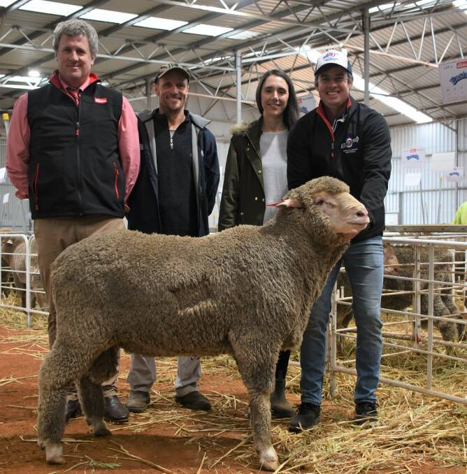 Prices hit a high of $2500 at last weeks Eastville Poll Merino on-property ram sale at Dudinin. With the top-priced ram were Elders Narrogin/Wickepin agent Paul Keppel (left), buyer Brett Doncon, Wickepin and Kolindale co-principals Daniela Varone and Luke Ledwith.