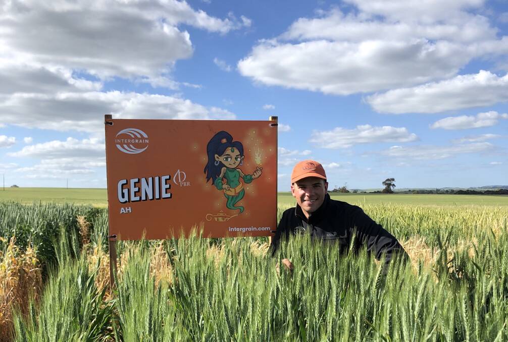 The Genie is out the bottle. InterGrain South Australia (SA) territory manager Rehn Freebairn launching Genie at the Mid North High Rainfall Zone Spring Field Day in SA recently.