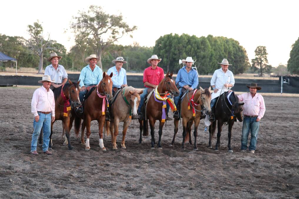 Judges Leigh McLarty (left), Blythewood, Pinjarra and Scott Keilar (right), Cataby, with placegetters (from right to left) in the Ride for Rocka charity campdraft, winner Henry Clifton on Haycliff Foxy, Boyanup, with 176.5 points, Jim Laverty on Excess, Collie, 175 points, second, Ross Hall on Wonder Duck, Northam, 174 points, third (also fifth on Kilbeggan Consent, 173 points and equal seventh on Duck N Lethal, 171 points), Mike Stanton on Strawberry Roan, Gingin, 173.5 fourth, Tom Curtain on Times R Looking Up, Katherine, the Northern Territory, 171 points and equal seventh and Robert Wearne on Shorty, Gingin, 172 points, sixth.