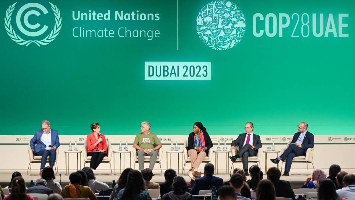 > Buntine regenerative agriculture farmer and advocate Stuart McAlpine (third from left) participated in the Accelerating Food Systems Transformation: Multi-stakeholder Action panel session at COP28 in December, 2023. With him were Joao Campari (left), WWF global food practice leader, Diane Holdorf, World Business Council for Sustainable Development executive vice president, Vivian Maduekeh, Global Alliance for Food climate and health program co-ordinator, Stefanos Fotiou, UN Food Systems Co-ordination Hub director, and Gonzalo Munoz, UN climate change high-level champion. Photo: COP28/Stuart Wilson.