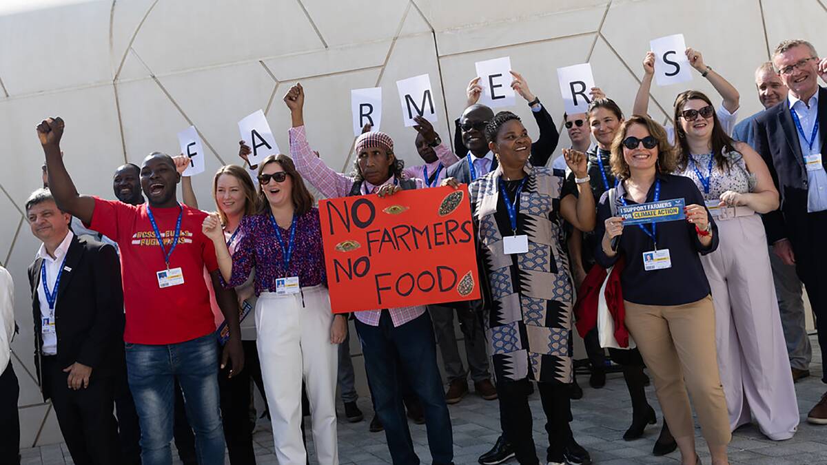 Farmers and farming advocates during a civil action protest outside the COP28 meeting in December, 2023.