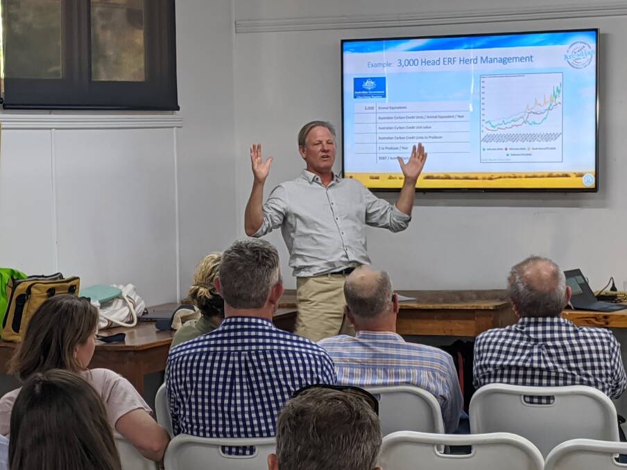 Arcadian Organic's environmental officer Charlie Hawkins explaining ways of farming carbon to suppliers at a workshop in Blackall. Picture supplied.