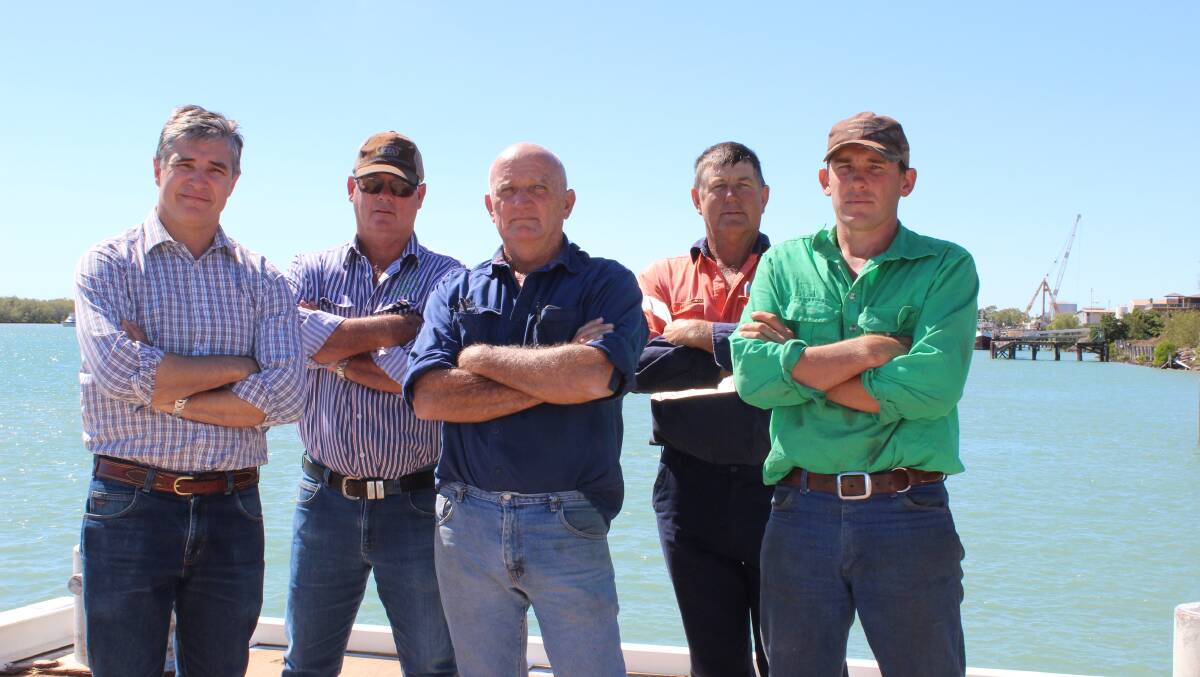 Peter Wells, second right, pictured with Traeger MP Rob Katter, Carpentaria Shire Council deputy mayor Craig Young, mayor Jack Bawden, and Dean Bradford from Karumba Livestock Exports during 2016 discussions to dredge the Port of Karumba.