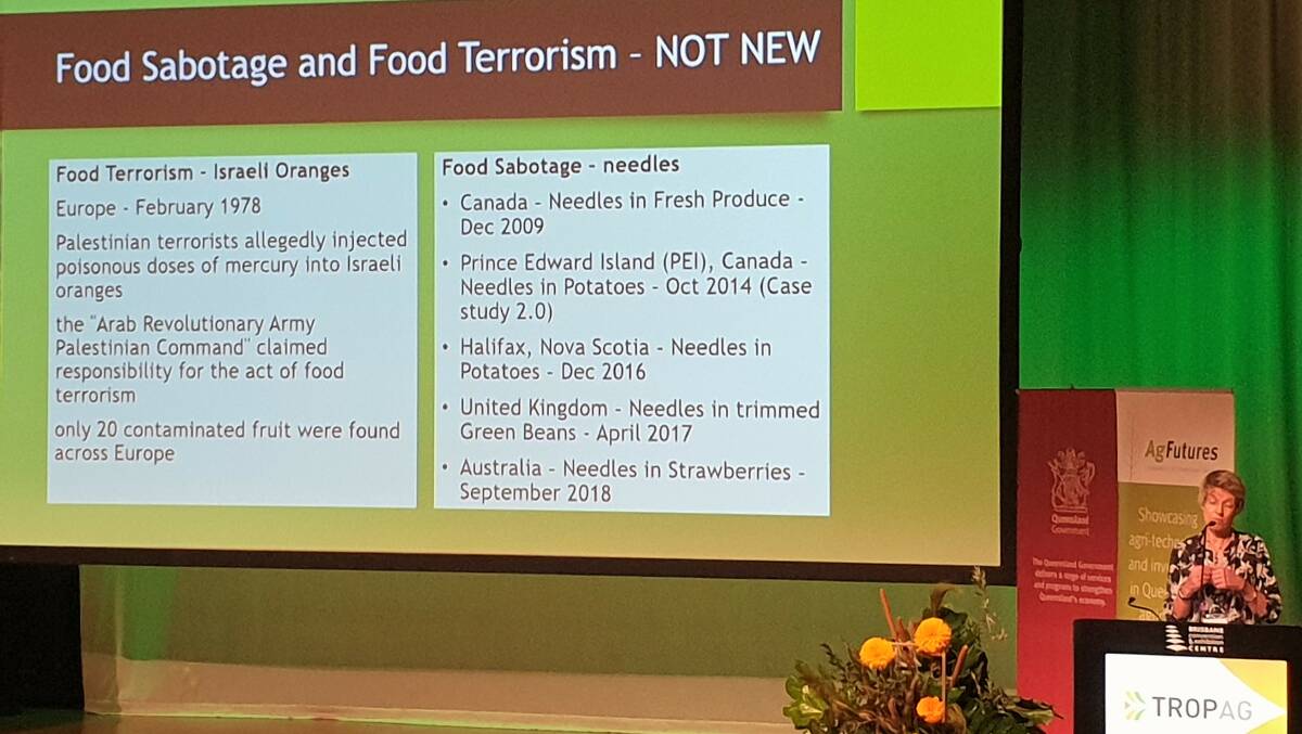 Clare Hamilton-Bate reminds the audience that there have been numerous examples of food sabotage in the world, and it's likely that it will happen again.