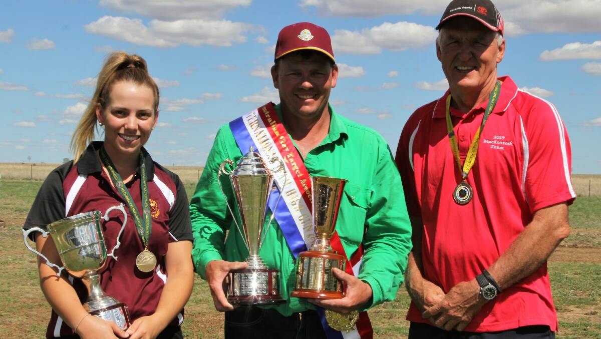 Jayd Powell, Springsure, Alex Dallas, Blackall, and Daryl Stevens, Toogoolawah, the top scorers for Australia in ladies, open and veterans sections of the Macintosh teams shoot. Picture - Sally Cripps.