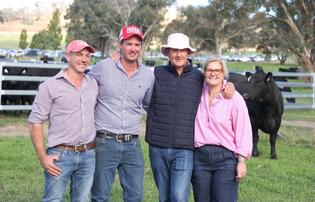 Rob Swinton and Trent Walker, Keringa and Millah Murrah Angus, with Ross and Dimity Thompson of Millah Murrah after their female sale in 2023 which achieved an Angus female world record average price. Picture supplied