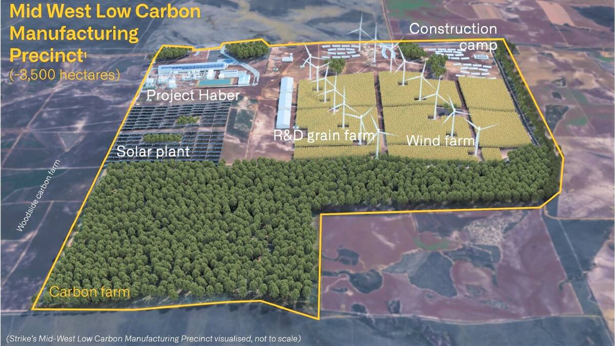 Strike Energy's concept for its Mid West Low Carbon Manufacturing Precinct, with its Project Haber urea fertiliser production plant in the north-west corner, on the farm it has bought at Arrowsmith East. Development of both the urea and manufacturing precinct projects could be accelerated by a funding windfall for Strike as a result of a shares trade.