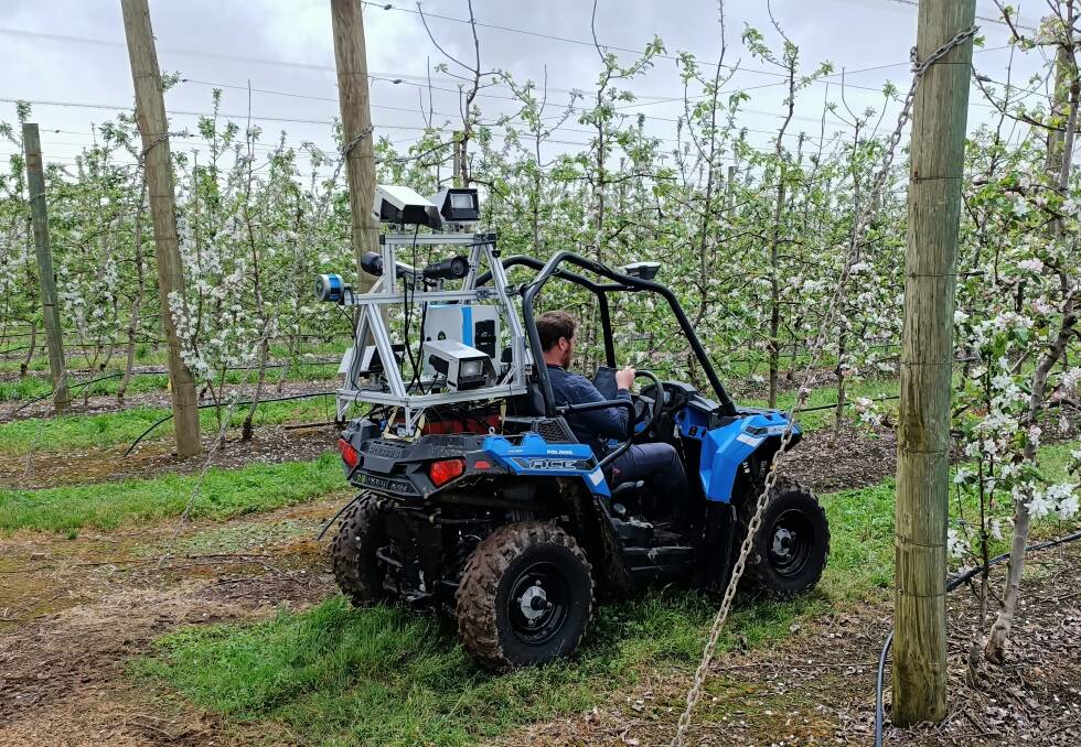MAPPING: DPIRD and Pomewest are working on a project to evaluate the application of digital canopy mapping technology, seen here mounted to a buggy at the department's Manjimup Research Facility, to assist orchard management in WA.
