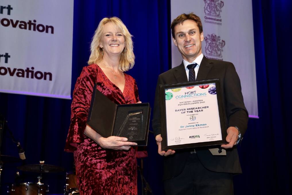 HONOURED: Winner of the Bayer Researcher of the Year Award, Dr Jenny Ekman with Bayer national sales manager - horticulture, Scott Ward. Photo: Andrew Beveridge