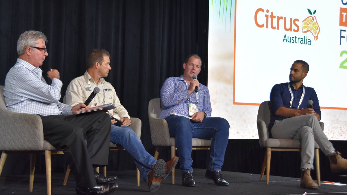 DISCUSSION: Citrus Australia chair and panel moderator Richard Byllaardt with Andrew Robson, UNE, Cam Clifford, AME Group and Yoav Yichie, Aerobotics at the new tech panel session as part of the Citrus Technical Forum 2022. 