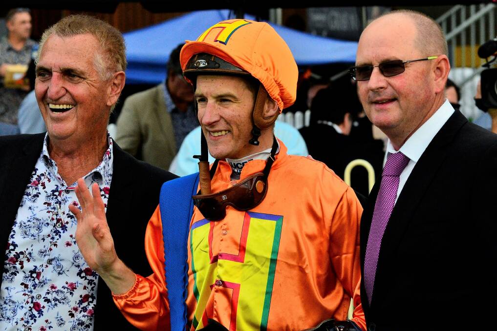  Winning Tyzone connections from left co-owner Tom Hedley, Cairns, jockey Blake Shinn and trainer Toby Edmonds, Gold Coast. Photo: Racing Queensland