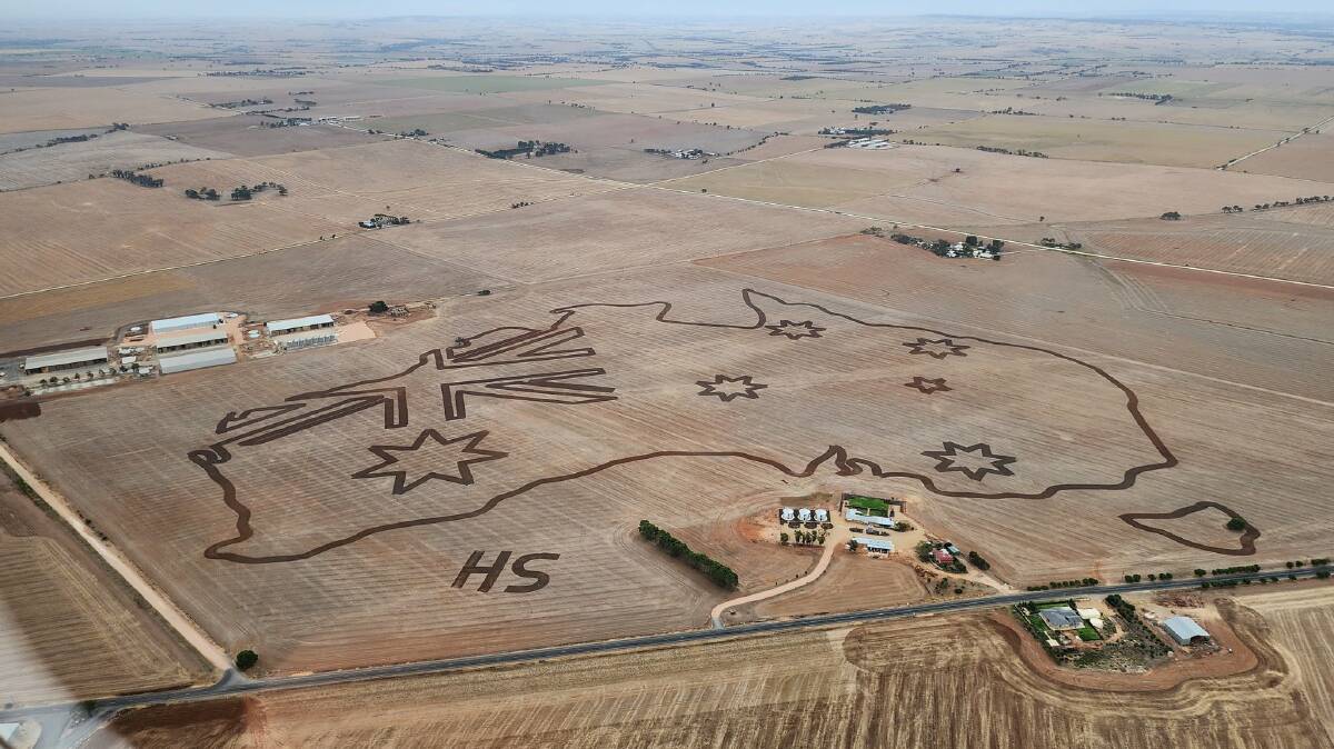 An Australian map and flag, tilled into a Freeling paddock, has created a stir. Picture via Corbin Schuster 
