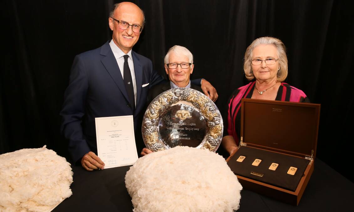 THE GOLDEN FLEECE: President of the Ermenegildo Zegna Group, Paolo Zegna, with the winners of this year's Vellus Aureum Trophy, David and Susan Rowbottom, St Helens, Victoria. 
